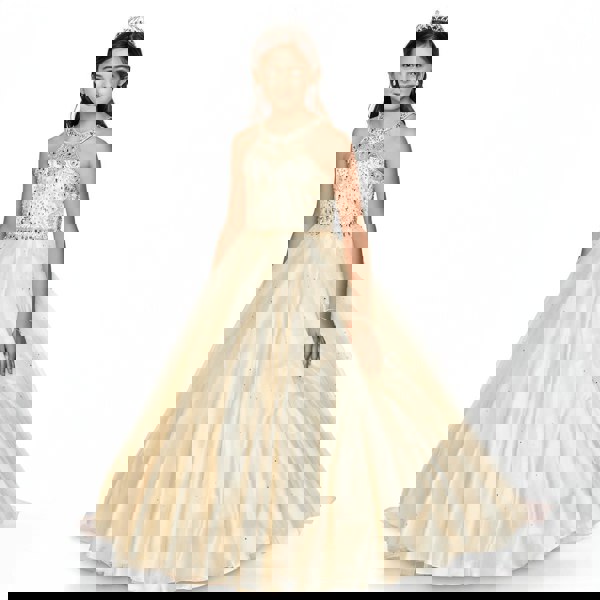 Champagne coloured full length princess-style dress