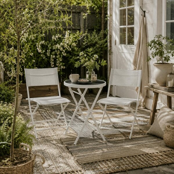 Wyld Haus Lafiyo Glass And Metal White 3 Piece Outdoor Bistro Set With Folding Chairs