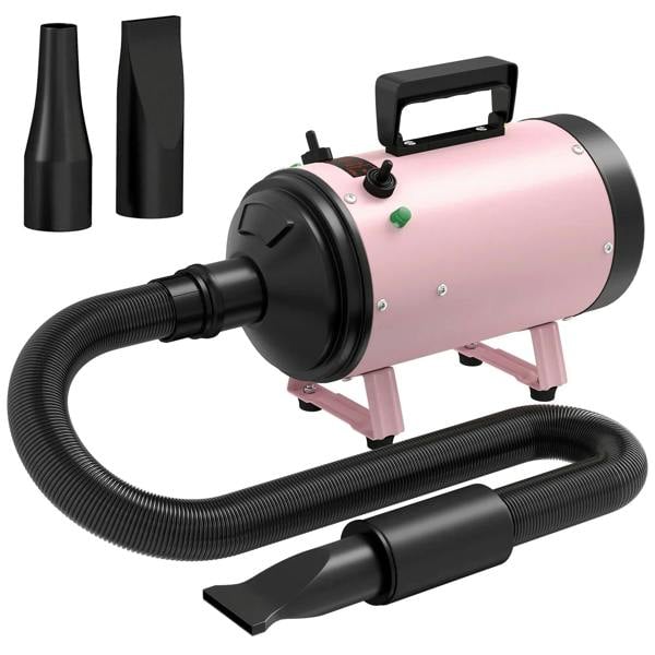 Pink dog hair dryer with black hose and two nozzle attachments