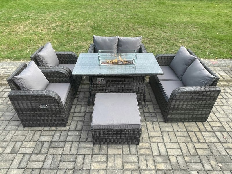 Fimous 7 Seater Rattan Garden Furniture Set Propane Gas Fire Pit Table and Sofa Chair set with Big Footstool