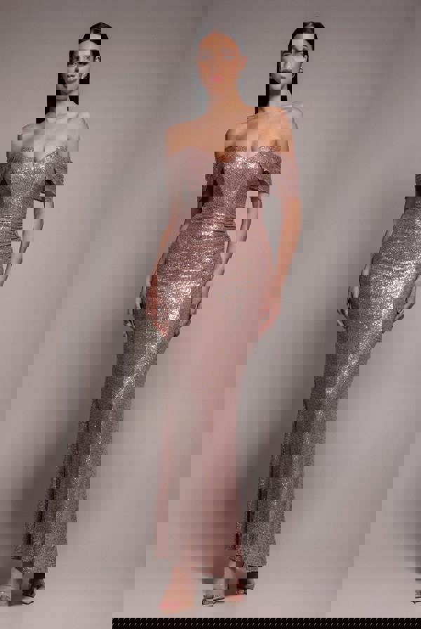Off The Shoulder Sequin Wing Maxi Dress - Champagne DR3616