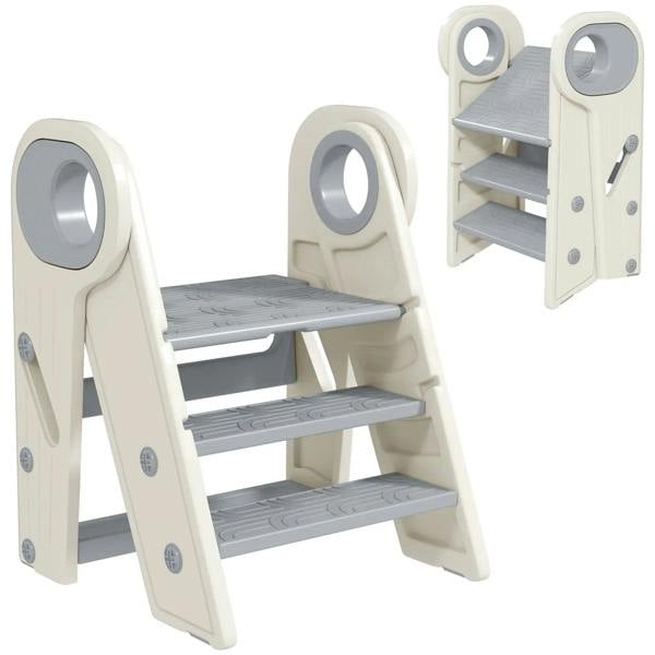 Grey kids step stool with handle, three steps, non-slip treads, foldable design