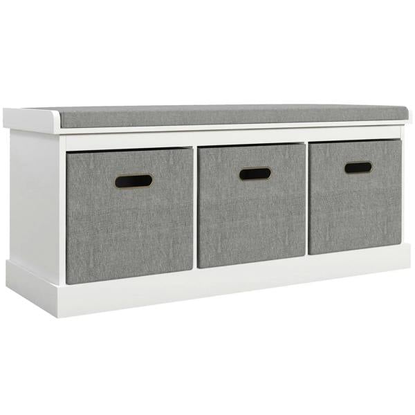 White shoe storage bench with padded top and three gray fabric drawers