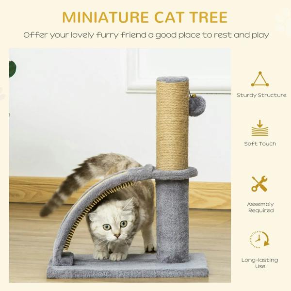 Mini grey cat climbing tree with sisal post and hanging bell ball, arched scratching ramp