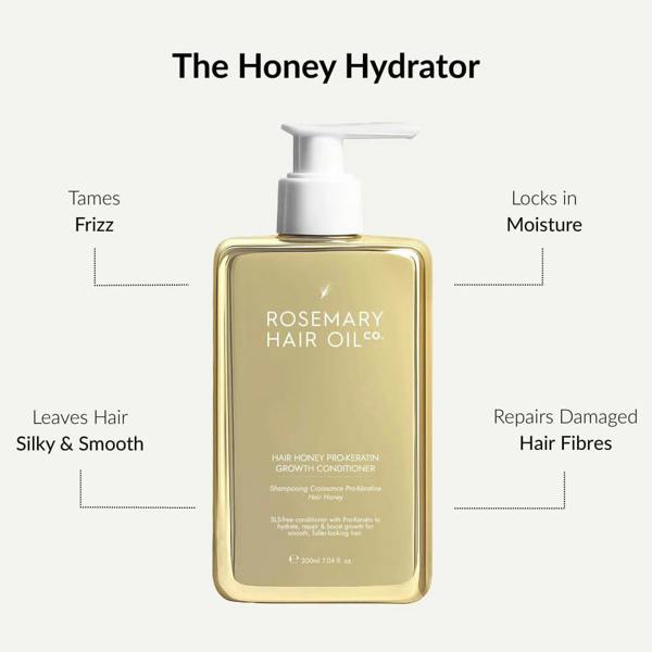 Rosemary Hair Oil Co. hair oil bottle with features listed on a white background. Hair Honey Pro-Keratin Growth Conditioner
