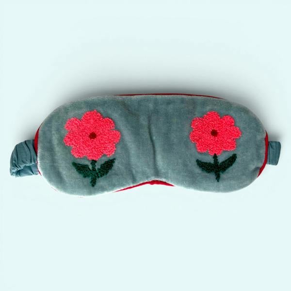 Hayley & Co Embroidered Velvet and Cotton Eye Mask | Pale Blue Flower