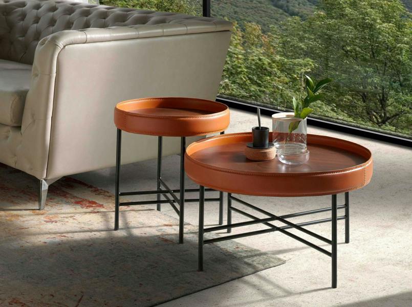 Angel Cerdá Round Coffee Table in Leatherette, Walnut and Black Steel 2058