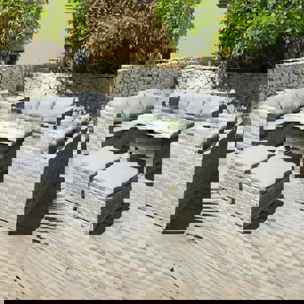 malta rattan 10 seat rising firepit u shape set in dove grey with 2 footstools