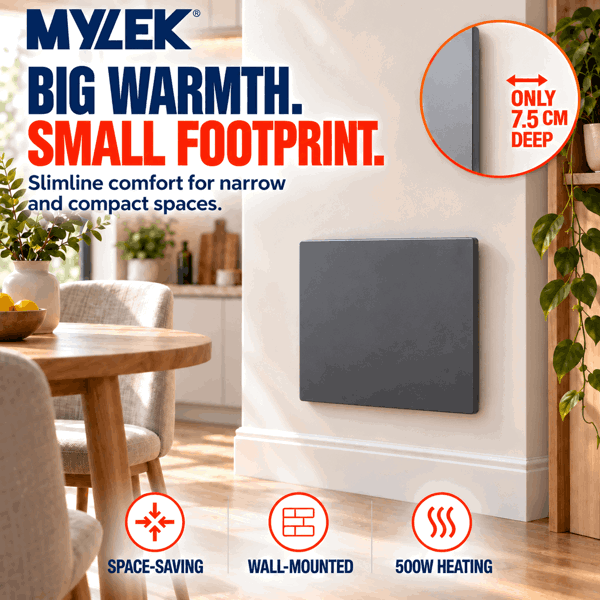 MYLEK Electric Radiator Panel Heater Grey WIFI Smart APP Eco 1200W Bathroom Safe Wall Mounted Timer Thermostat