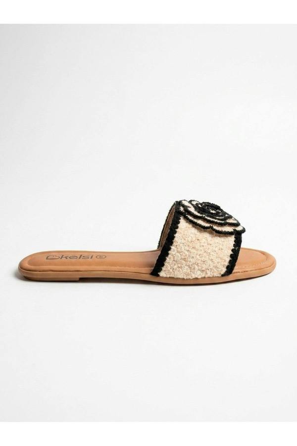Iris Womens Embroidered Flower Slide Sandals - Black