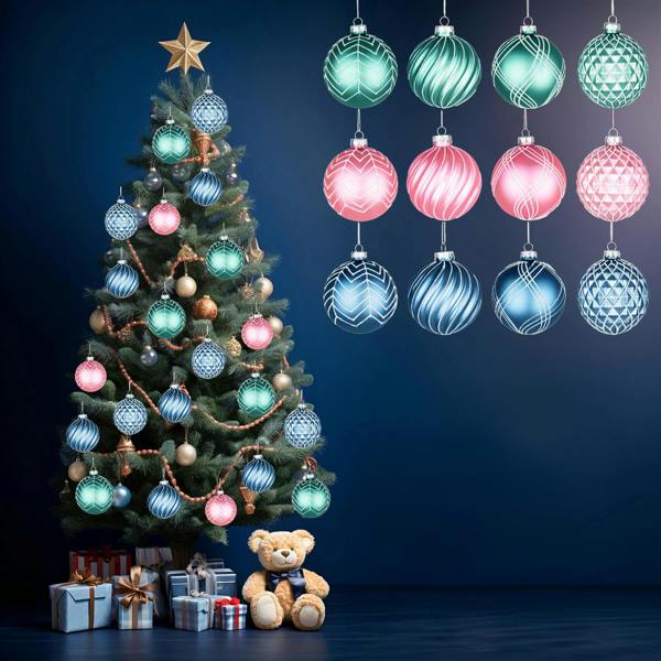 8cm Glass Christmas Baubles 12 Pack in Assorted Green, Pink and Blue Festive Designs image 6