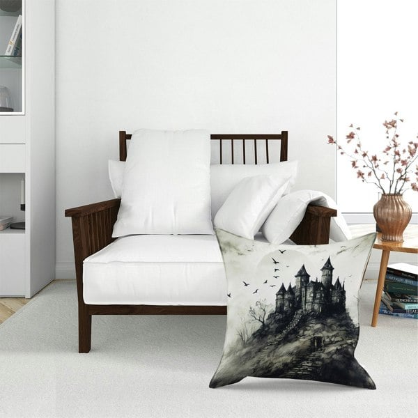 Warren Reed A Realistic Ink Drawing Of A Haunted Castle Floor Cushion