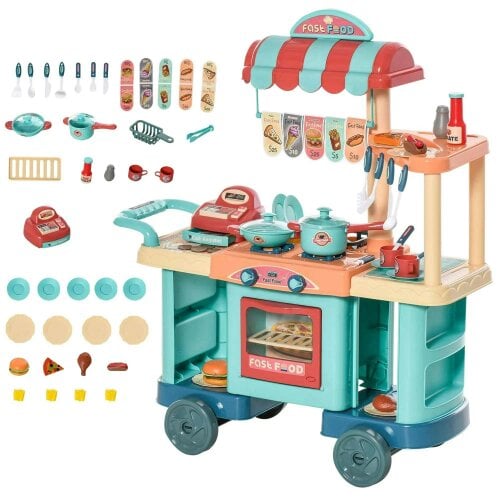 Bobobiy 50 Pcs Kids Kitchen Play set Fast Food Trolley Cart Pretend Playset Toys - Play Food Cashier Register Accessories Gift for Boys Girls Age 3-6