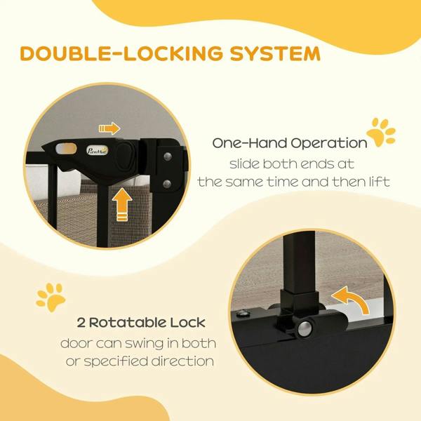 Black safety gate with one-hand locking system and rotatable lock hardware