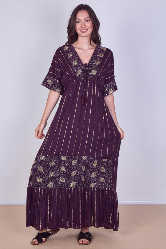 Boho Sequin leaf Embroidered Maxi Dress