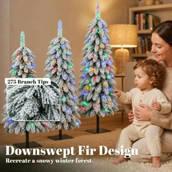 Bobobiy Artificial Christmas Tree Set of 3, Snowy Pre-Lit Christmas Tree with PVC Branch Tips, 90/120/150 cm, Green White