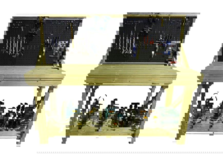 Indoor/Outdoor Pressure-Treated Single Shelf with peg-board Workbench, a robust and versatile solution for all your workspace needs. Handcrafted in the UK, this workbench is constructed from high-quality, pressure-treated timber, ensuring durability and resistance to the elements, making it suitable for both indoor and outdoor use