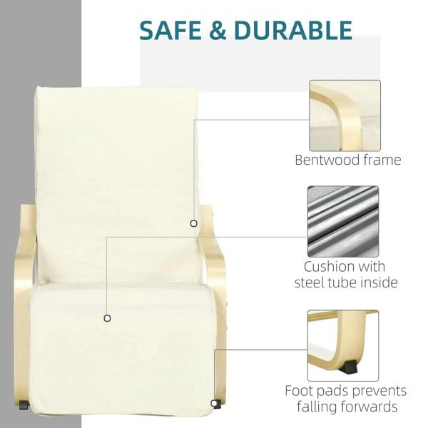 Cream upholstered lounge chair back and seat with light wood frame and foot pads