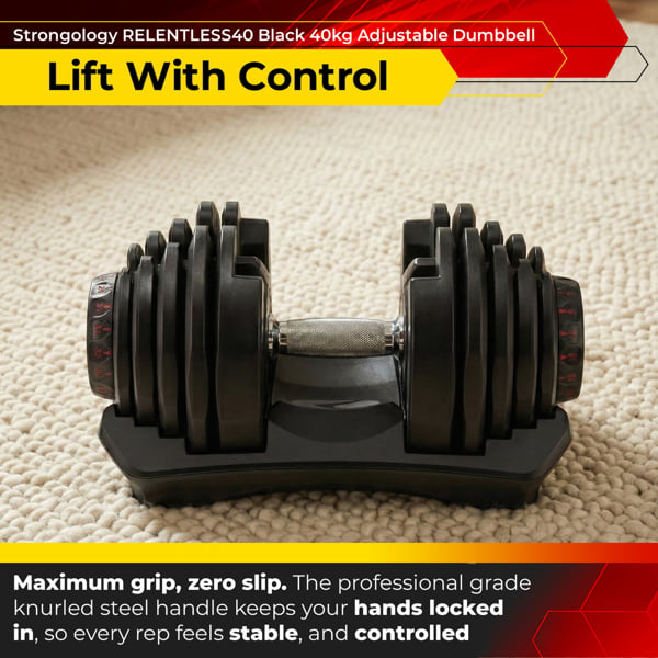 Strongology Home Fitness Single Adjustable Smart Dumbbell from 5kg to 40kg Training Weights in Black