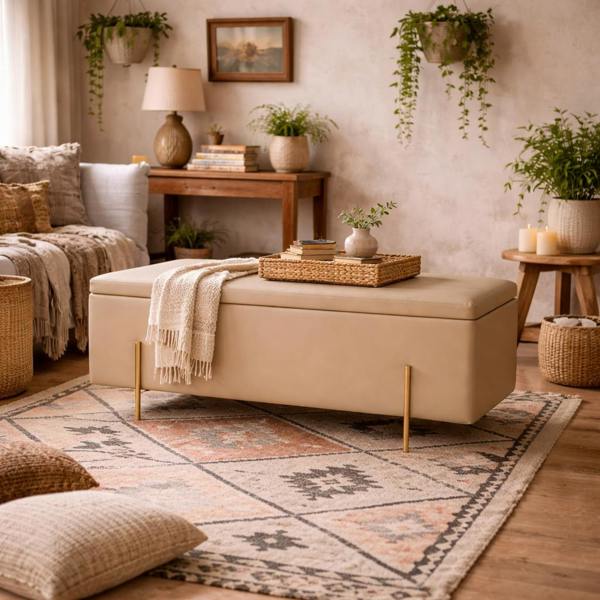 Wyld Haus Elowen Rectangle Storage Ottoman Bench Cream Boucle Gold Metal Legs