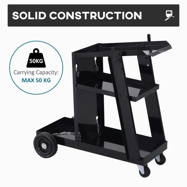 Black welding cart trolley with sturdy multi-tier frame and caster wheels