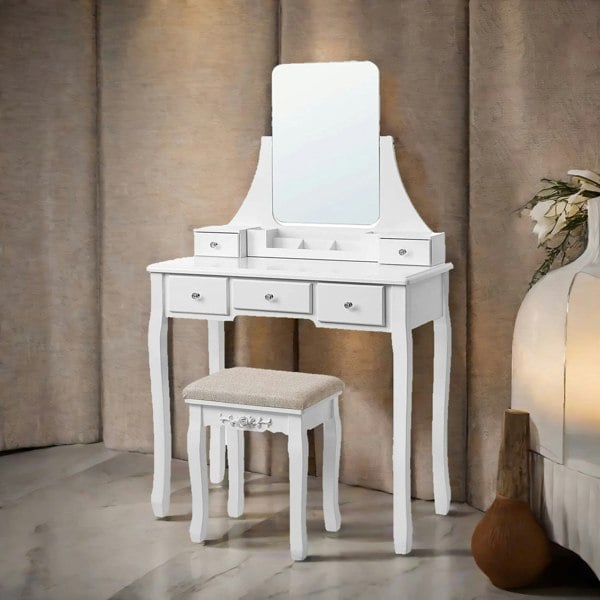 Rafaelo Mobilia 5 Drawer White Dressing Table With Mirror And Stool