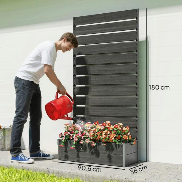 Black raised trellis planter box with shelf trays, 90.5 cm wide