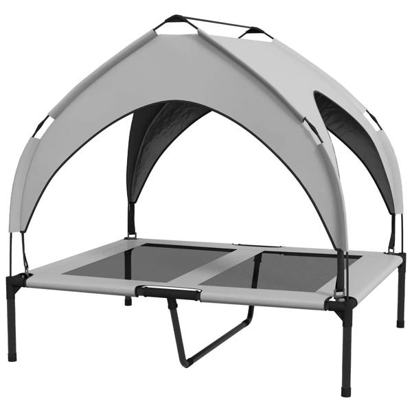 Light grey raised dog bed with breathable mesh canopy, open front, elevated metal frame