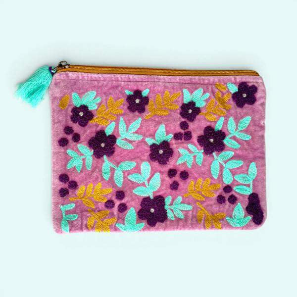 Hayley & Co Embroidered Velvet Make Up Bag | Everyday Pouch | Lilac and Mint Garden Floral
