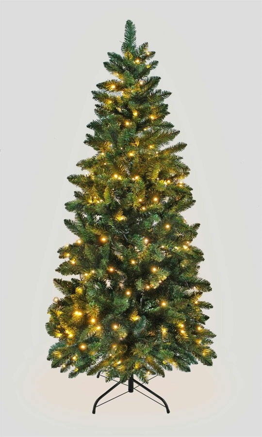 Shatchi 4ft to 7ft Slim Green Pre-Lit Pine Christmas Trees with Warm White LEDs and Metal Stand