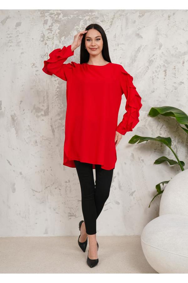 Hoxton Gal Oversized Long Ruffle Sleeve Relaxed Fit Tunic in Red
