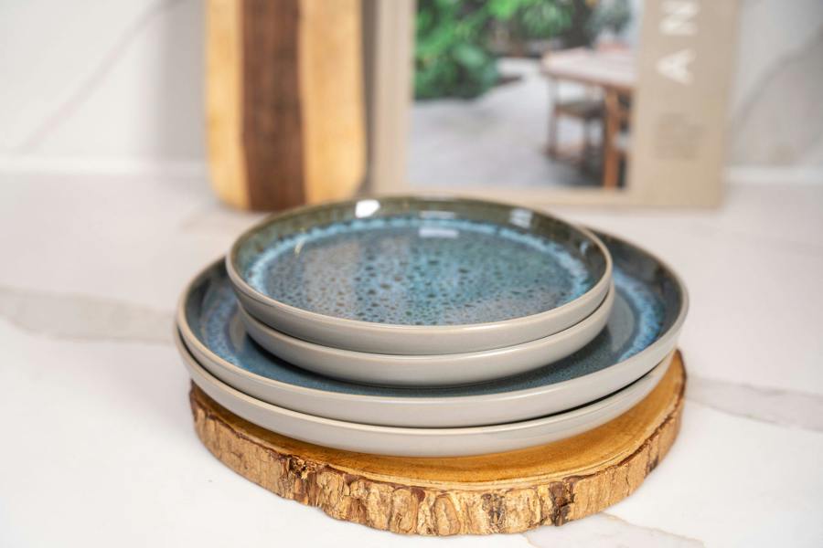 Scandi Home Stockholm Ceramic Side Plates, Set of 4, 20cm, Grey & Blue Reactive Glaze