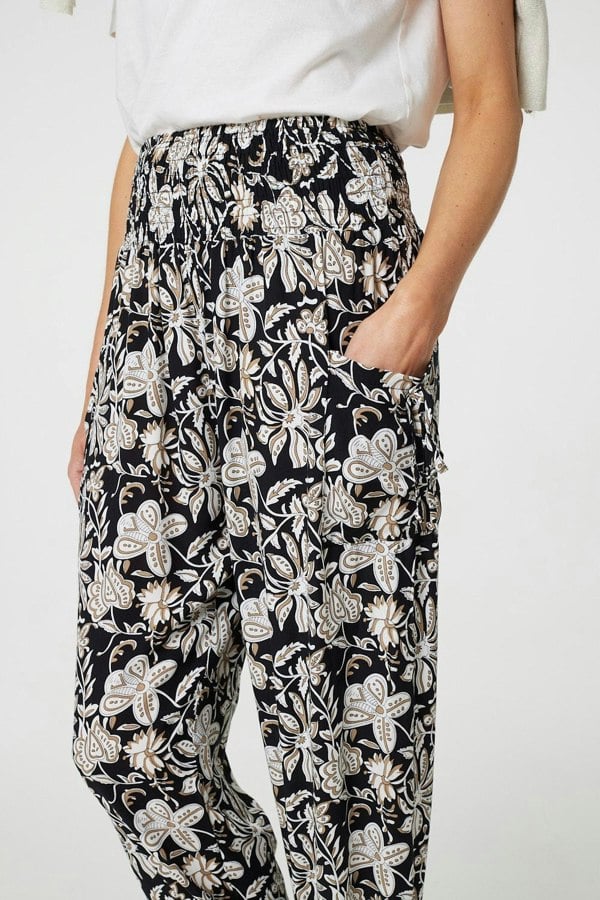 Black | Floral Print Relaxed Harem Pants