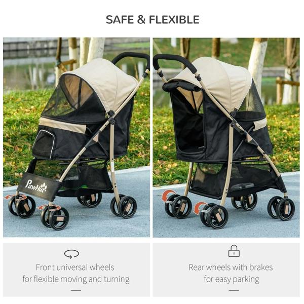 Khaki and black pet stroller with rain cover, front view and rear view with brakes
