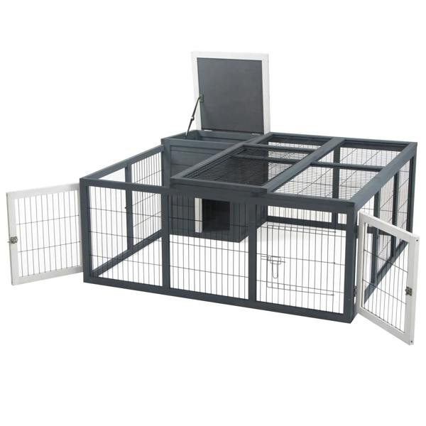 Grey outdoor rabbit run cage with hinged open roof and two side door openings