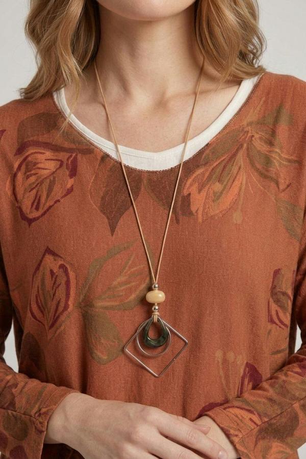 Orange | Leaf Print Layered Long Sleeve Top

