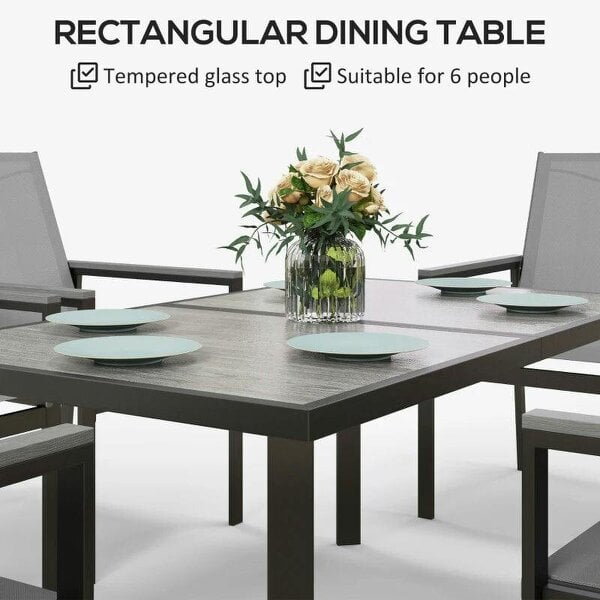 Seven-Piece Metal Dining Set with Glass-Top Table and Texteline Chairs - Grey
