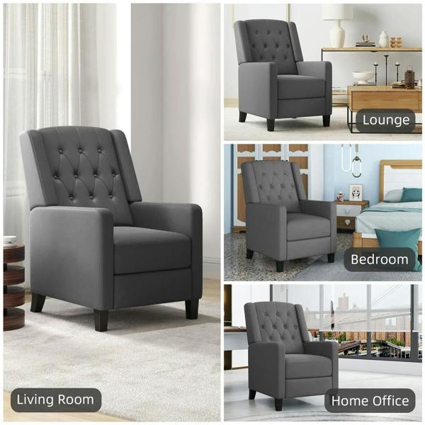 Charcoal grey wingback recliner chair with button-tufted back and thick seat