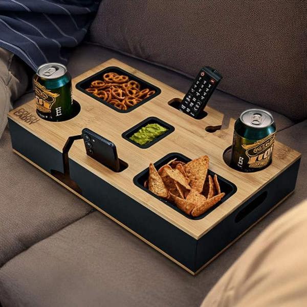 Couch Caddy Tray with Snack Compartments and Glass Holders.