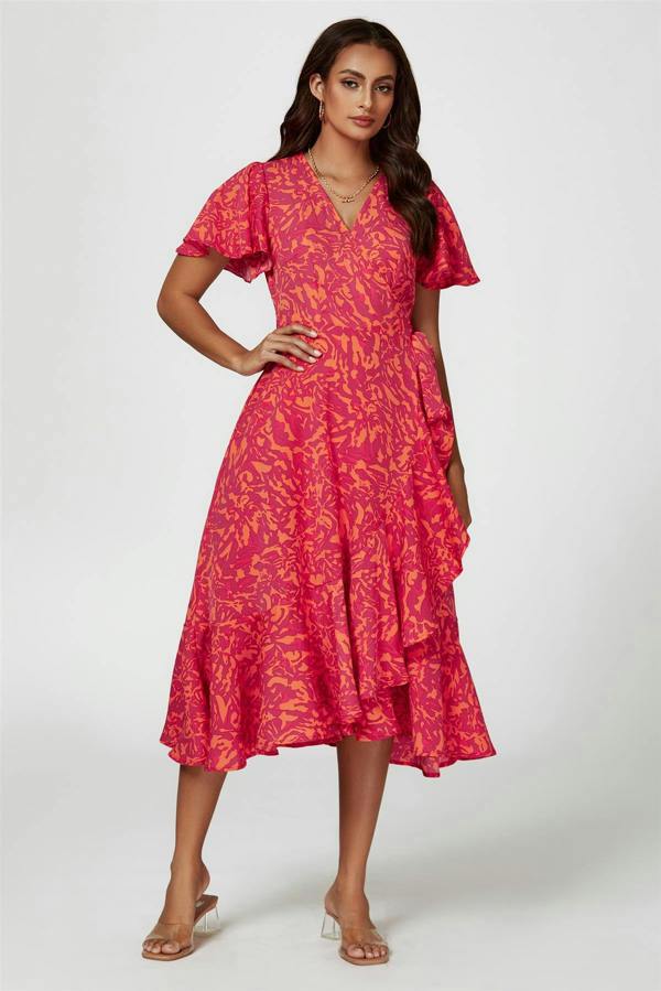 FS Collection Abstract Print Midi Wrap Dress In Fuchsia