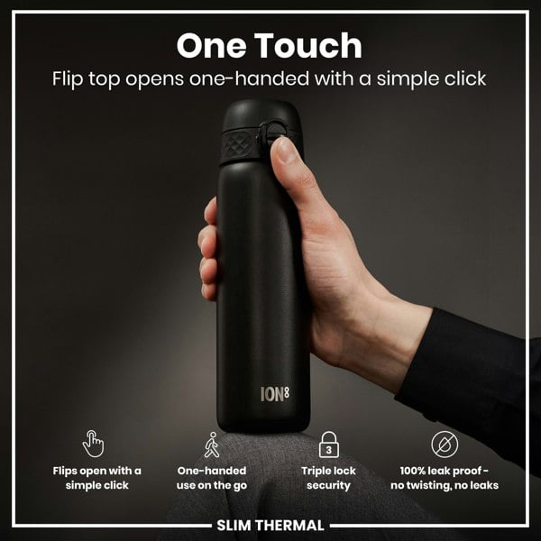 ION8 Leak Proof Slim Thermal Steel Water Bottle, Insulated, Black, 500ml (17oz)