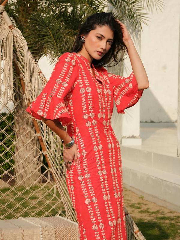 Rose & Nancy Cat Coral Embroidered Midi Dress