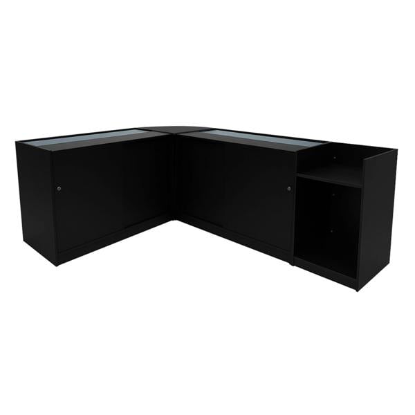 Vega LED Shop Counter Set in black, featuring sleek glass tops, ample storage space, and a modern corner design for retail displays