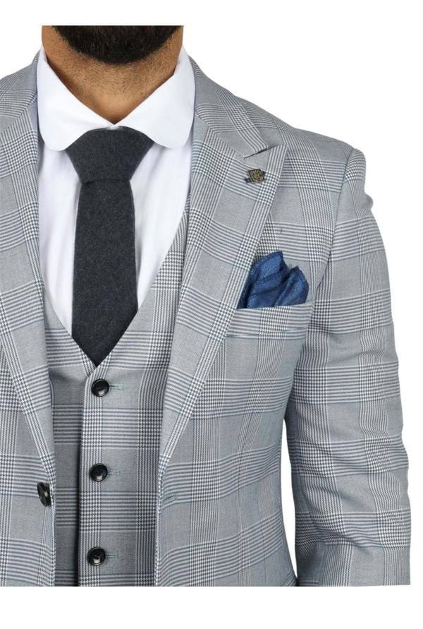 Infinity Leather Men's Blue Checked 3 Piece Suit Tailored Fit Suit Formal Wedding