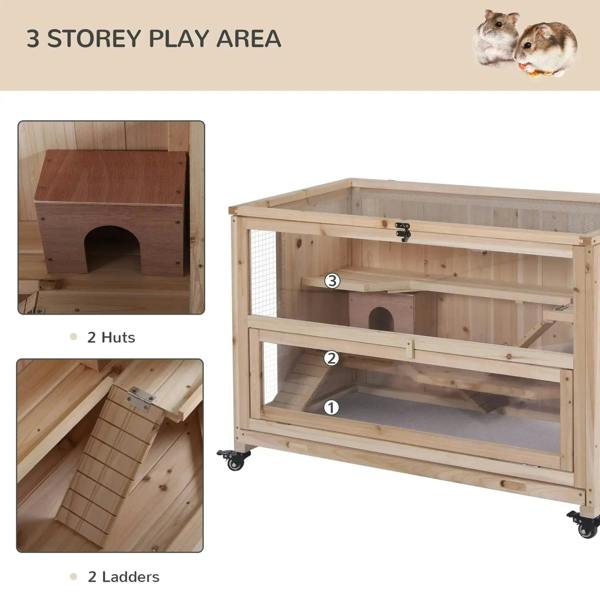 Natural wood 3-tier hamster cage with front opening, wire mesh panels, and ladders