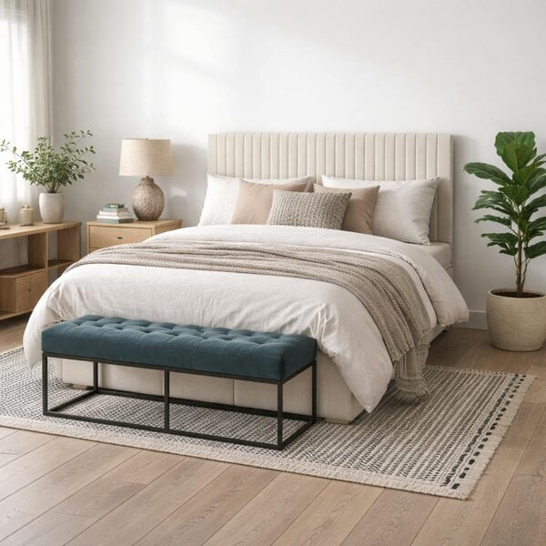 Wyld Haus Dublin Cream Upholstered Ottoman 4ft6 Double Bed with Tall Ribbed Headboard