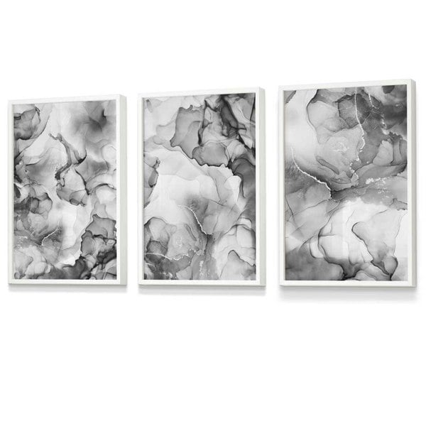 Artze Wall Art Abstract Floral Fluid in Grey Set of 3 Wall Art Prints | Framed