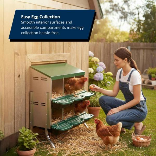 A person tending to hens nested on the chicken nest which highlights easy egg collection.