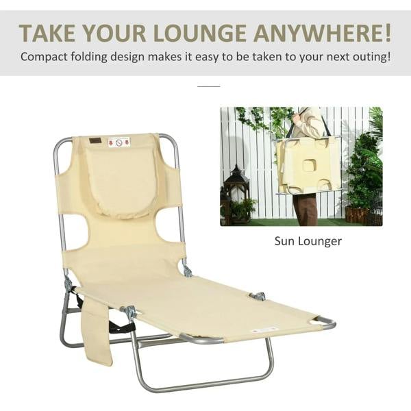 Beige foldable sun lounger with side pocket and reading hole, compact portable design
