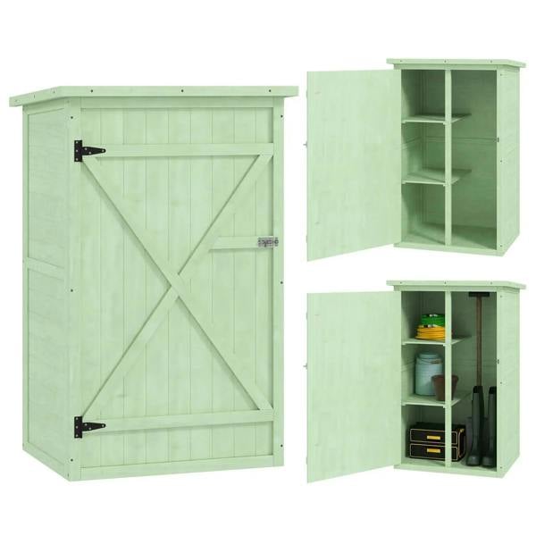 Green wooden small garden storage shed with shelves and bolt latch, open door